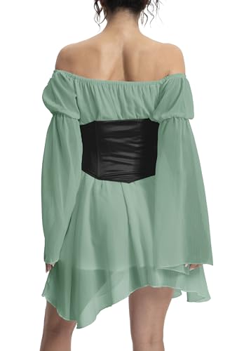 Image of Womens Green Corset Dress Off Shoulder Bell Sleeve Irregular Two Piece Outfits Bustier Dresses L