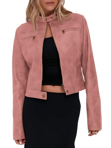 Onedreamer Women's Faux Leather Cropped jackets Casual Vintage Zip Up Stand Collar Motorcycle Short Coat Jacket