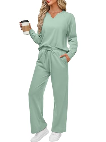 REORIA Damen V-Ausschnitt Jogginganzug Zweiteiler Trainingsanzug Hausanzug Sport Set Elegantes Outfit Lounge Set Grau Grün M