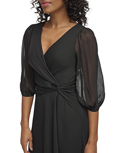 Image of DKNY Women's 3 /4 Balloon Sleeve Twist Front Chiffon Midi Dress