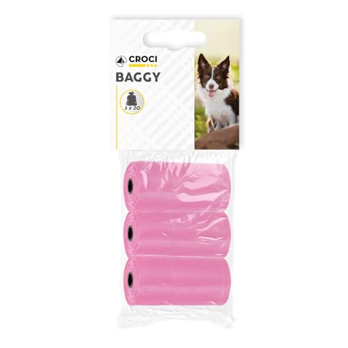 Croci - Sacchetti igienici per bisogni dei cani, 3 Rotoli Totali 60 Sacchetti, resistenti, Rosa