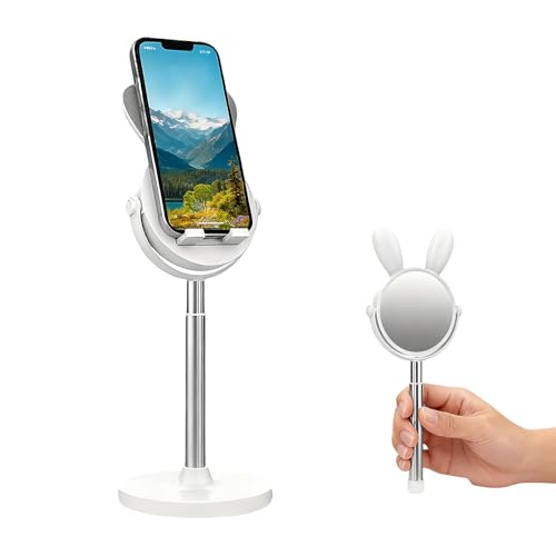 スマホスタンド 手鏡 2in1機能 可愛い 角度と高さ調整可能 スマホ/ipad/ゲーム機/電子書籍ホルダー 8.5cm円形化粧鏡 コンパクト 4-12.9インチ対応