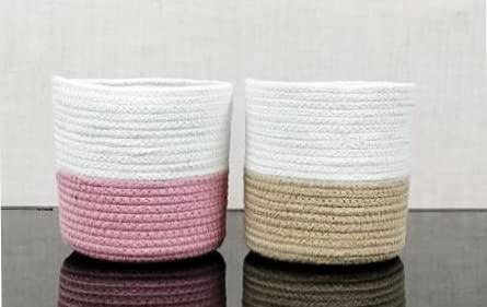 (Pink Beige)100% Natural Jute Storage Basket Laundry Basket Organizer for Living Room Storage Toys Clothes Towels Gifts Storage Bucket 6X6 INCH
