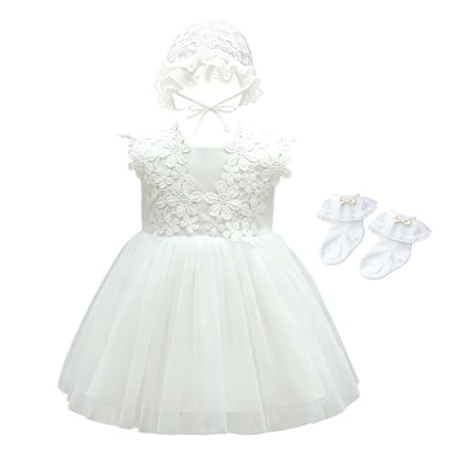 KRUIHAN Robe de Baptême Bébé Fille en Tulle et Dentelle Blanche,Robe Cérémonie Respirante,idéale pour Bapteme,Mariage,Fête ou Anniversaire,inclut Bonnet,Chaussettes & Boîte Cadeau,6 Mois
