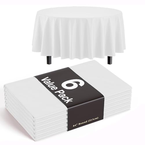 Image of Exquisite White Round Plastic Table Cloth Disposable 6 Pack - 84 Inch Round Value Pack - Economy Tablecloth for Parties Events and Everyday Use - Budget Friendly Table Cover