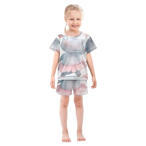 Summer Pajama Set Grey Hippos, Short Sleeve Sleepwear Nightwear3