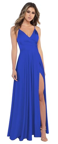 V Neck Satin Bridesmaid Dresses Long for Women Spaghetti Straps Prom Party Formal Gowns with Pockets