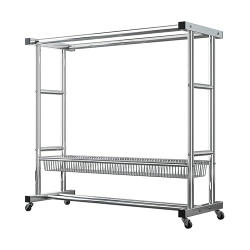 Perchero con ruedas de doble barra con cesta y zapatero para ropa 120x50x160 cm