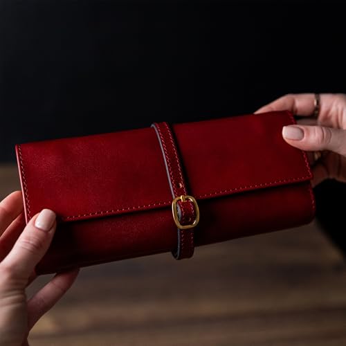 Image of Time Resistance Leather Jewelry Roll - Full Grain Leather Travel Jewelry Case - Jewellery Organizer Made in Italy (Red)