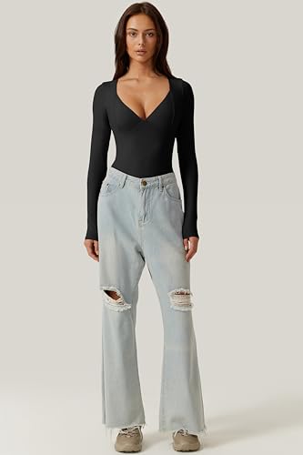 Image of QINSEN Women's Long Sleeve Bodysuit V Neck Body Suits Seamed Cup Going Out Tops Shirt