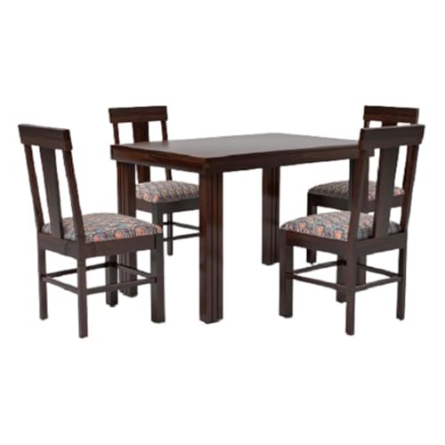 Image of VK Furniture Sheesham Solid Wood 4 Seater Dining Table Set of Four with 4 Print Cushion Chairs for Dinner Hall Kitchen Living Room Home Office Restaurant |L45 X W30 X H30|Dark Walnut