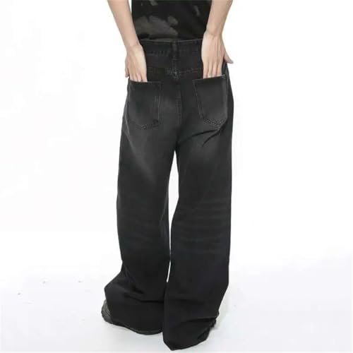 Mens Vintage Wash Straight Denim Pants High Waist Wide Leg Loose Fit Casual Trousers with Pocket4