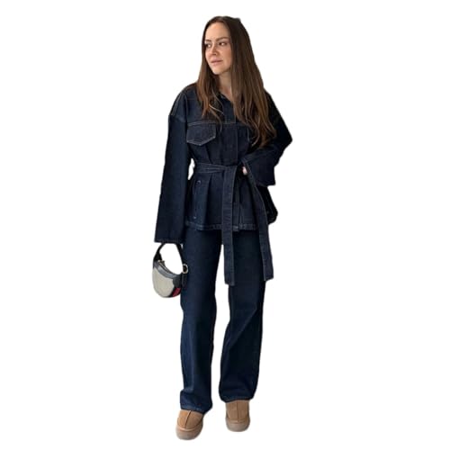 Women Vintage Belt Jacket Pants Sets Lapel Single Breasted Lace Up Coat Straight Trousers Loose Outfits