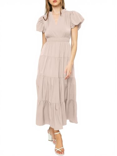 Image of Wenrine Womens Summer Midi Dress A-Line Puff Short Sleeve V Neck Dresses
