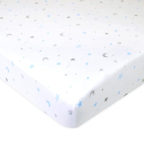 Image of American Baby Company 100% Natural Cotton Fitted Mini Crib Sheet 38 inch x 24 inch - Soft & Breathable Small Nesting Portable Crib Sheet, Fits Pack N Play Mattresses, Blue Stars and Moons, for Boys & Girls