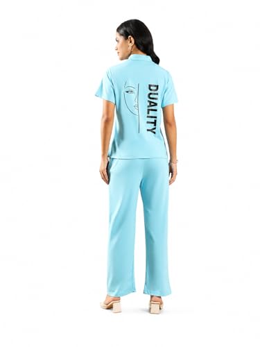 Image of Kvetoo Women Solid Tracksuit Set Cotton Lounge Wear Set Half Sleeve Polo T-Shirt & Straight Pant Casual Travel Outfit