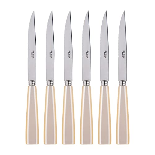 SABRE PARIS - Icône 6Pc Steak Knife Set - Premium Stainless Steel Knives - Serrated Knife Set - Pearl White