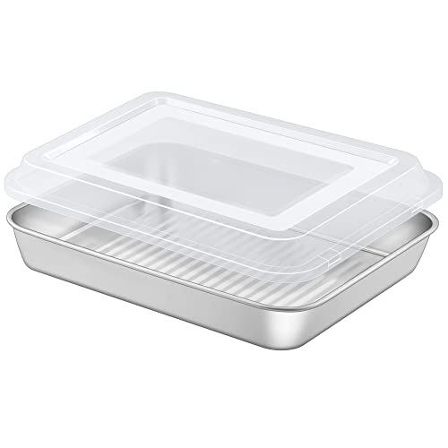 Teamfar Lasagna Pan With Lid, 12.4 Inch Stainless Steel Rectangular Textured Roasting Baking Cake Pan With Lid, Corrugated Bottom & Deep Side, Healthy & Heavy Duty, Dishwasher Safe - (1 Pan + 1 Lid) #TOP16