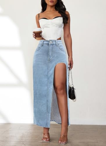Women's Casual High Waist Split Thigh Jean Skirt A Line Long Maxi Slim Denim Skirt2