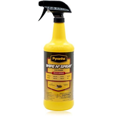PYRANHA Wipe N' Spray for Horses - Oil-Based Long Lasting Fly Control Repels Horn, Deer, Horse, House, Stable, & Face Flies, Ticks, Mites, Mosquitoes, Gnats & Lice, 1 Quart