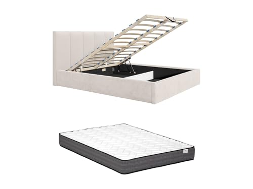 Vente-unique-CanapÈ abatible de 140 x 190 cm con cabecero de Costuras Verticales - Tela - Beige - con colchÛn - KILACLO