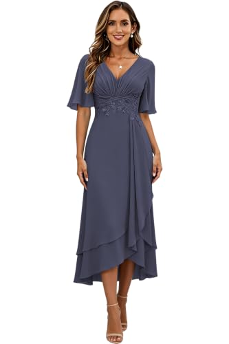 Image of Lace Applique Mother of Bride Dresses Chiffon Mother of the Groom Dresses Tea Length Formal Evening Dress with Sleeve