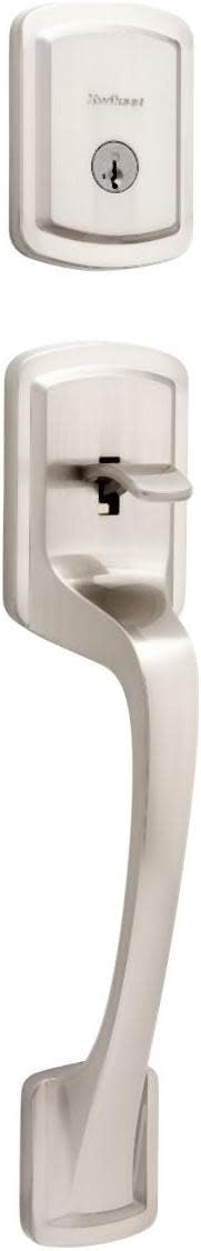 Kwikset 818PGHLIP-15S Single Cylinder Prague Exterior Handleset with SmartKey with RCAL Latch and RCS Strike Satin Nickel Finish