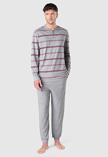 El Búho Nocturno Mens Pajama Set Long Sleeve Knit Premium Striped Pajama Set for Men, 85% Cotton, 15% Viscose, Grey 5576, S2