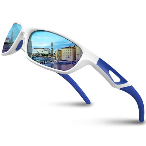 RIVBOS Polarized Sports Sunglasses Driving Sun Glasses Shades for Men Women Tr90 Frame for Cycling Fishing Running RB831 White Frame/Blue Lens