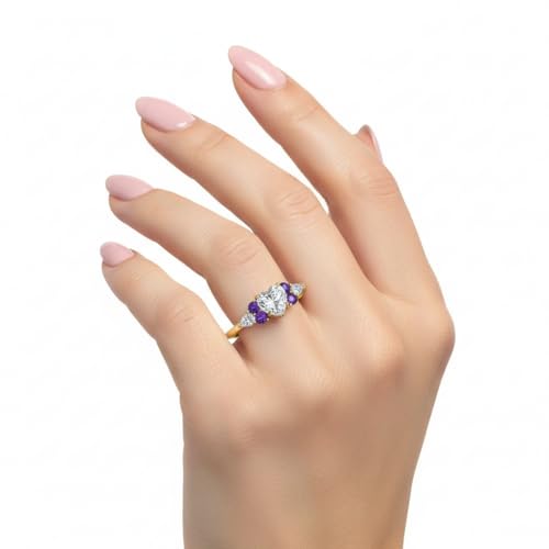 Image of Choose Your Color Heart Shape Accented 14k Yellow Gold Plated Engagement Ring Side Stone Daily Wear Chakra Healing Party Wear Birthstone Engagement Rings : US Size 4 to 12