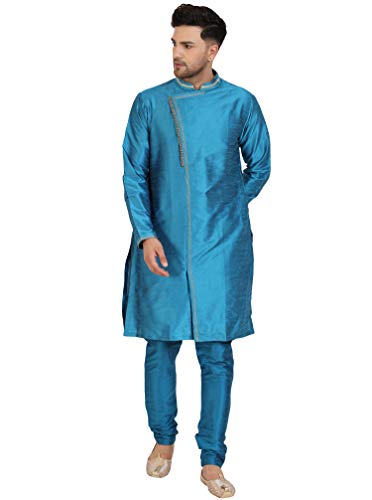 SKAVIJ Men's Art Silk Kurta Pajama Indian Wedding Party Festive Season Ethnic Suit Dress Set (Large, Turquoise) SKAVIJ Men's Art Silk Kurta Pajama Indian Wedding Party Festive Season Ethnic Suit Dress Set (Large, Turquoise)