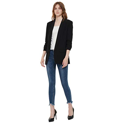 Charis Allure Womens 3/4 Ruched Sleeve Blazer Jacket Lightweight Work Office Open Front Solid Coat, Black, L #TOP5