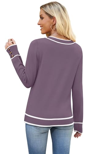 Image of WIHOLL Lightweight Sweaters for Women Long Sleeve V Neck Knit Outfits with Decorative Buttons