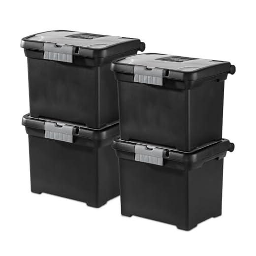 Sterilite 18719004 Portable File Box, Black with Clear Storage Lid and Titanium Handle and Latch, 4-Pack