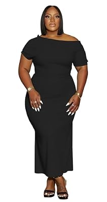 YeGine Women Plus Size Bodycon Long Dress Off Shoulder Sexy Slim Elegant Dresses Black 2XL