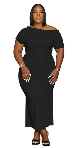 YeGine Women Plus Size Bodycon Long Dress Off Shoulder Sexy Slim Elegant Dresses Black 3XL