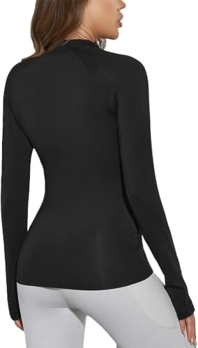 Nileton Sport Jacket - long sleeve top full zipper t-shirt with side pockets and thumb hole for women (Black, XXL)