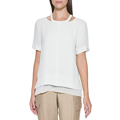DKNY Haut S/S Luxe en Mousseline de Soie et Col Féminin