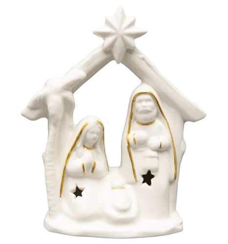 Image of Boston International Christmas Nativity Scene Tabletop Winter Holiday Decorations for Home, 4.75 inch x 5.25 inch, White & Gold Nativity