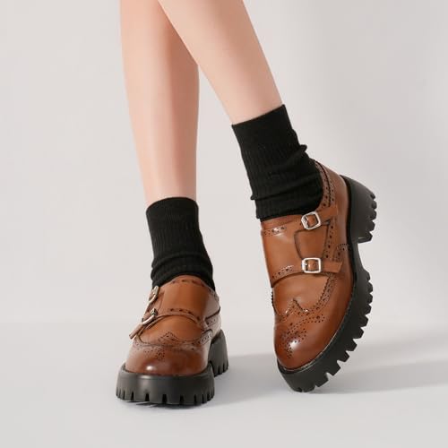 Image of BEAU TODAY Chunky Loafers for Women, Women's Leather Platform Loafers, Lug Sole Tassel Slip On Loafers Shoes Brogues Wingtip Casual Business Shoes Comfortable Dressy