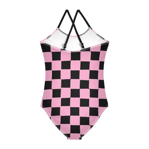 Pink Chessboard Black Girls One Piece Swimsuits Pink Sport Halter Swimwear Beach Bathing Suit 7-8T2