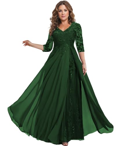 Image of HANVAIOS Sparkly Mother of The Bride Dresses for Women Long Chiffon 3 /4 Sleeve Lace Appliques Formal Gown