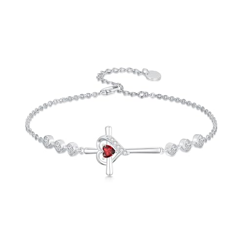 Cross Birthstone Charm Link Bracelet 925 Sterling Silver Cross Bracelet with 12 Months Birthstone Religious Christian Jewelry Gifts for Women Mom Her,Chain Length 7