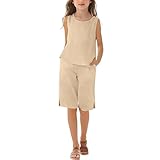 Girls Summer Cotton Linen Vest Shirts Shorts 2PC Sets Kid Sleeveless Spaghetti Strap Tank Top (Khaki-A, 11-12 Years)