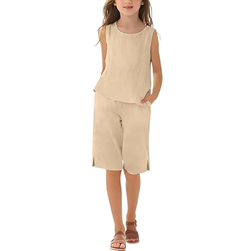 Girls Summer Cotton Linen Vest Shirts Shorts 2PC Sets Kid Sleeveless Spaghetti Strap Tank Top (Khaki-A, 11-12 Years)