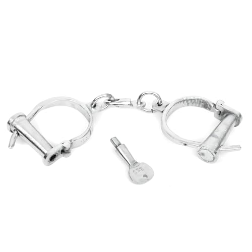 Image of Vintageware Heavy Duty Carbon Steel Indian Handcuffs with Removable Key, Chrome Finish, Adjustable Metal Handcuffs for Theatre, Drama, Stage Performance, Film Props & Historical Display