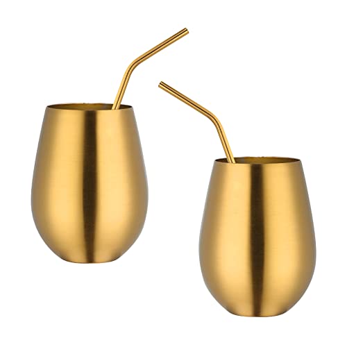 Buyer Star Stainless Steel Wine Glasses - Set of 2 Large & Elegant Stemless Goblets (17.6 oz) with Straw - Unbreakable, Shatterproof Metal Drinking Tumblers (Gold)