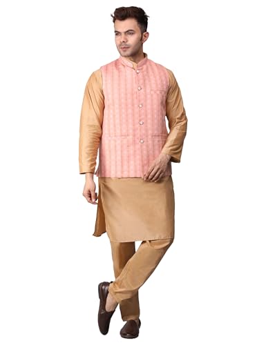Image of Men's Cotton Silk Blend Regular Kurta Pyjama, Embroidered Nehru Jacket /Waistcoat Set