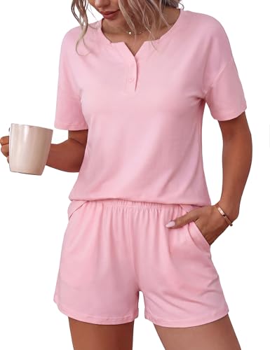 Aseniza Pyjama Damen Kurz Baumwolle Shorty Schlafanzug Sommer Kurzarm Nachtwäsche Sleepwear Frauen Hausanzug Loungewear Zweiteiliges Schlafset Knopfleiste V-Ausschnitt Rosa M