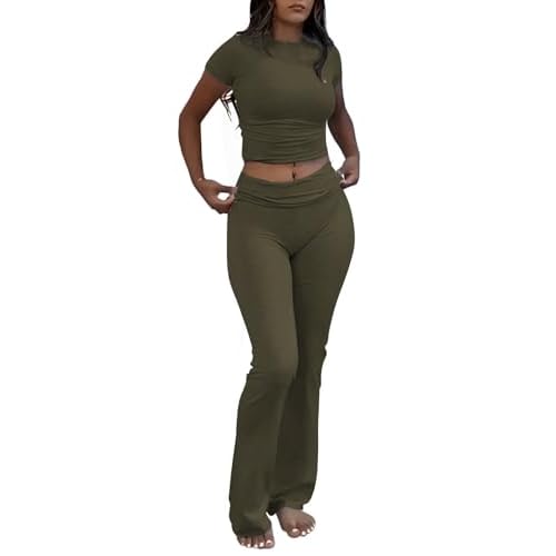 ZFLM Casual Workout Two Piece Outfits for Women Short Sleeve Crop High Waist Foldover Flare Pants Tracksuit Sets Streetwear